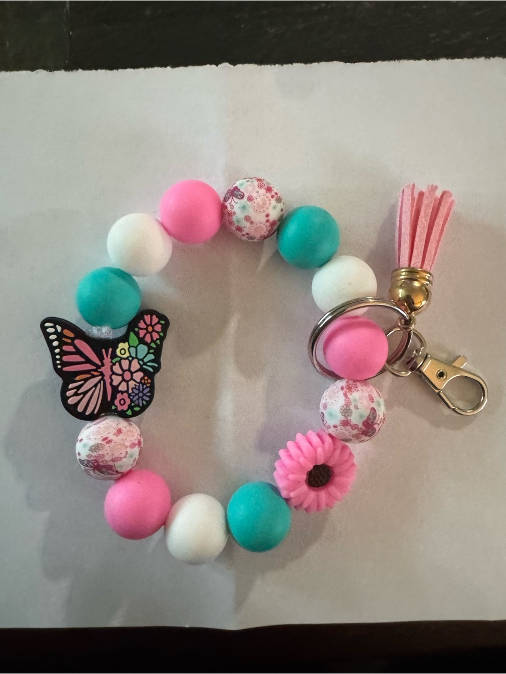 Kids Pink & Teal Beaded Butterfly Keychain Bracelet